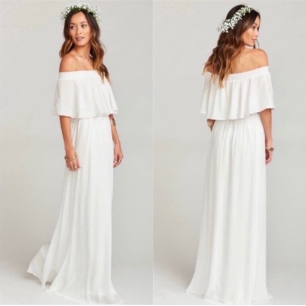 SMYM Off the Shoulder‎ Boho Hacienda Maxi Wedding Cake Chiffon White Bride Fairy